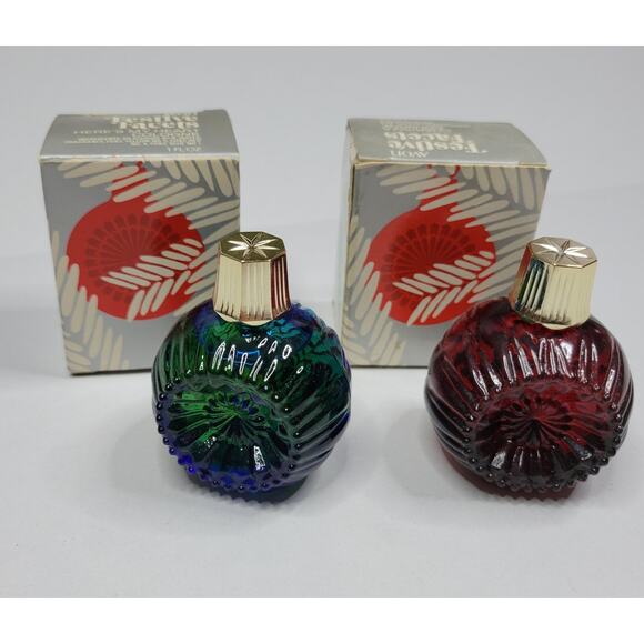 VTG Lot of 2 AVON Festive Facets Cologne Red Blue 1 fl oz Ornaments New in Box - Picture 1 of 7
